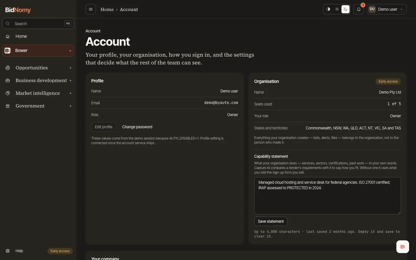 The Profile and company page in the app.