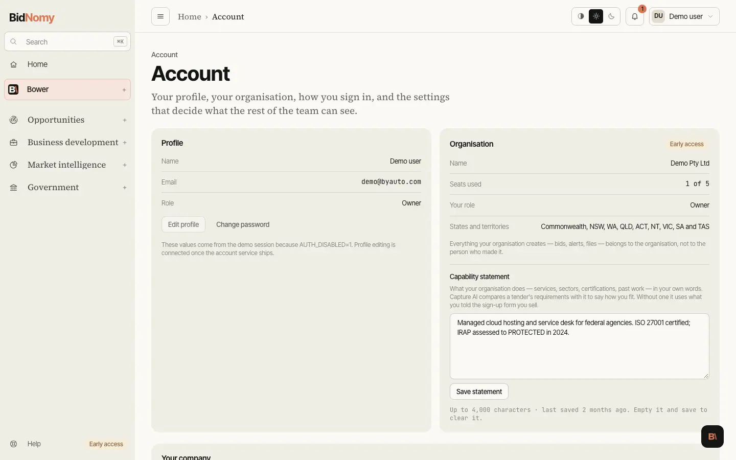 The Profile and company page in the app.