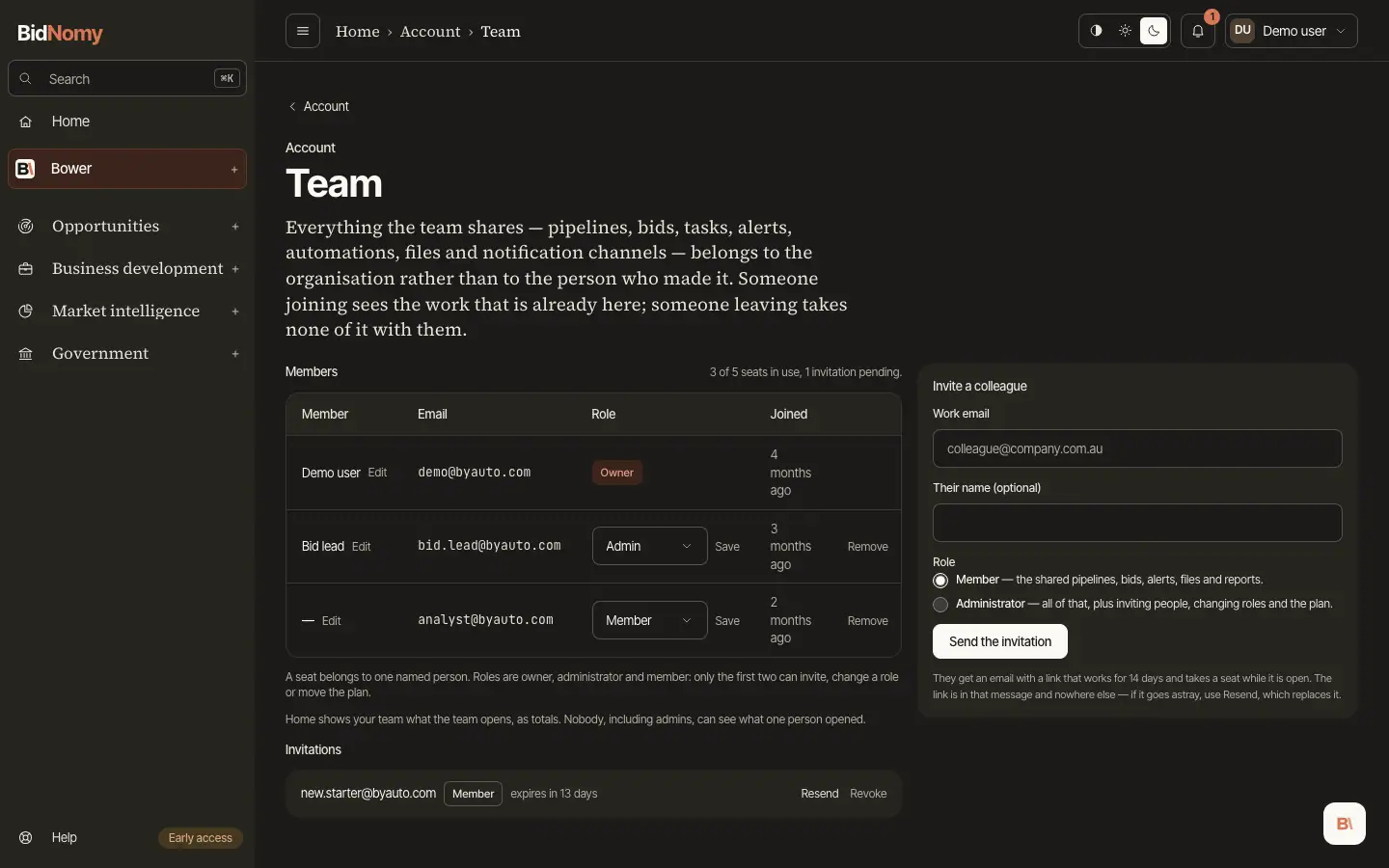 The Team and seats page in the app.