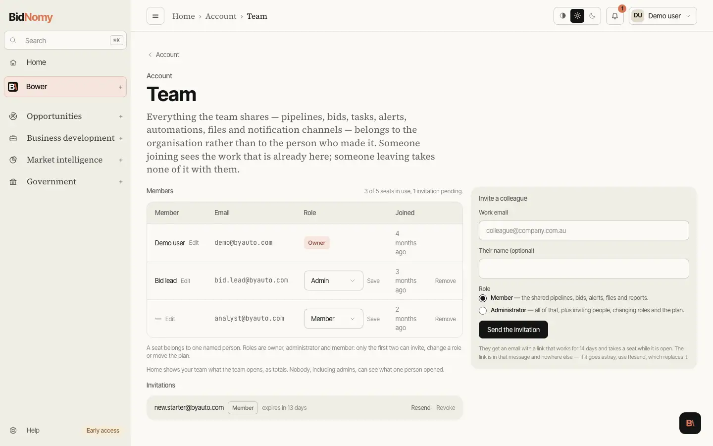 The Team and seats page in the app.