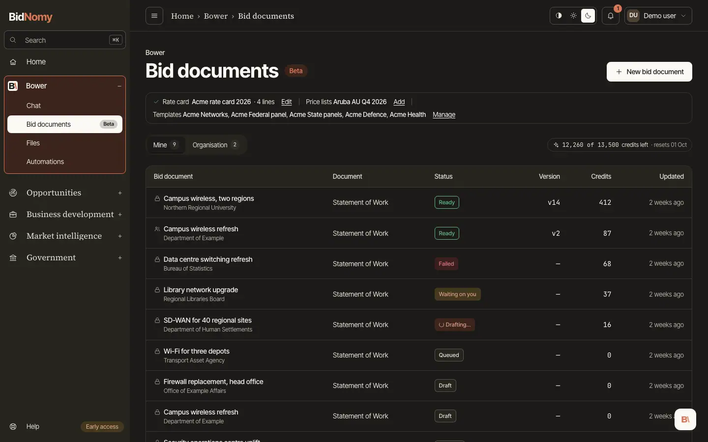 The Bid documents page in the app.