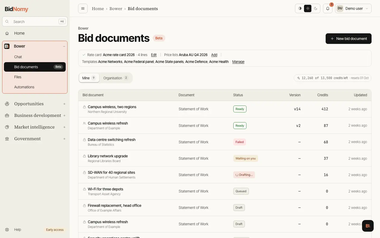 The Bid documents page in the app.