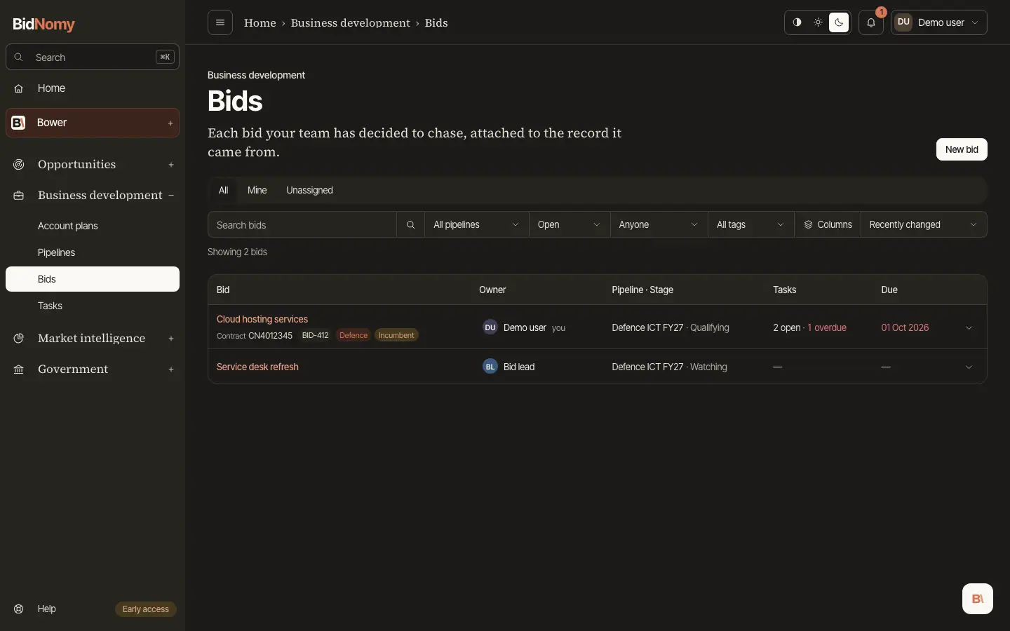 The Bids page in the app.