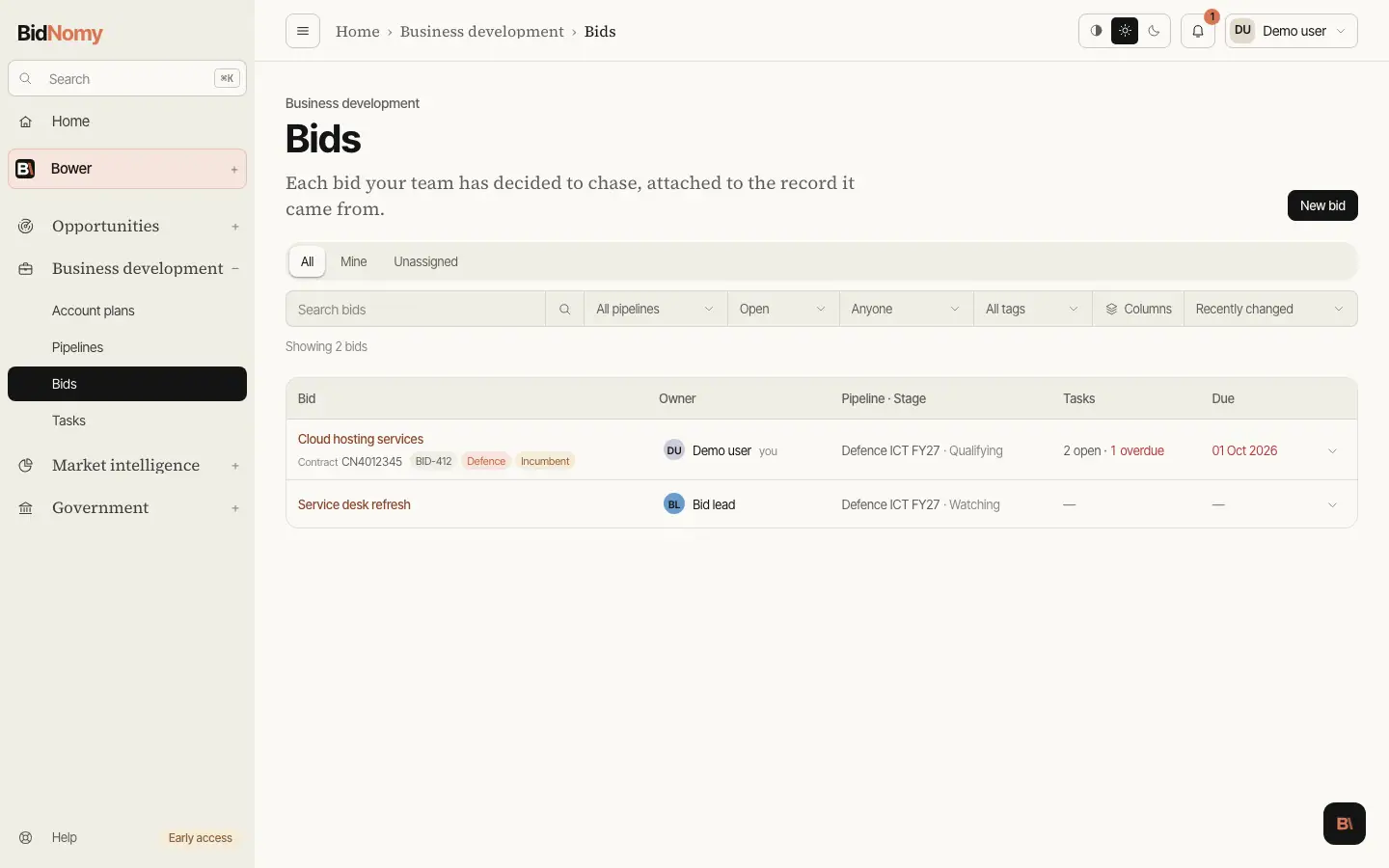 The Bids page in the app.