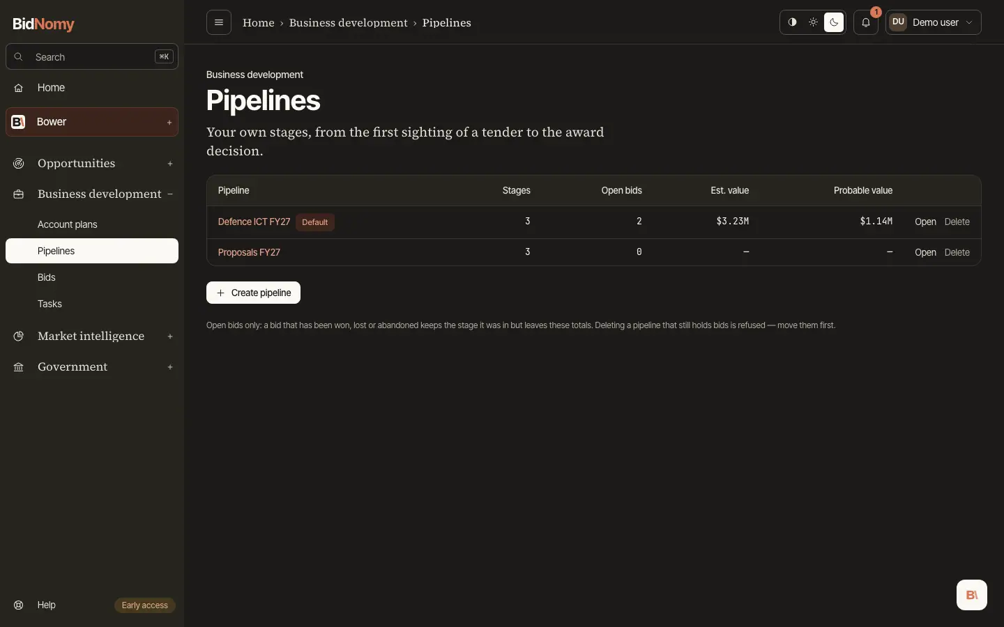 The Pipelines page in the app.