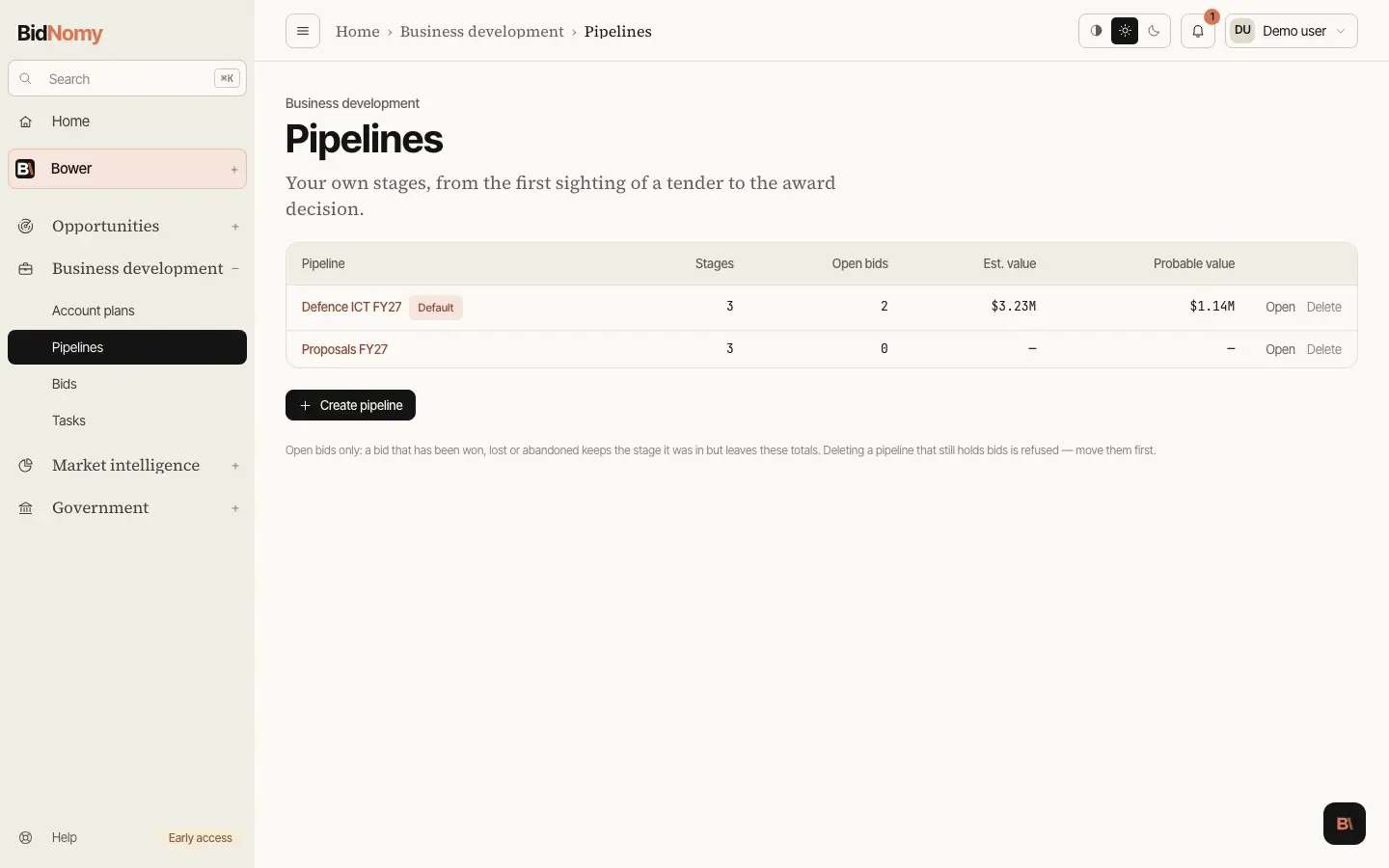 The Pipelines page in the app.