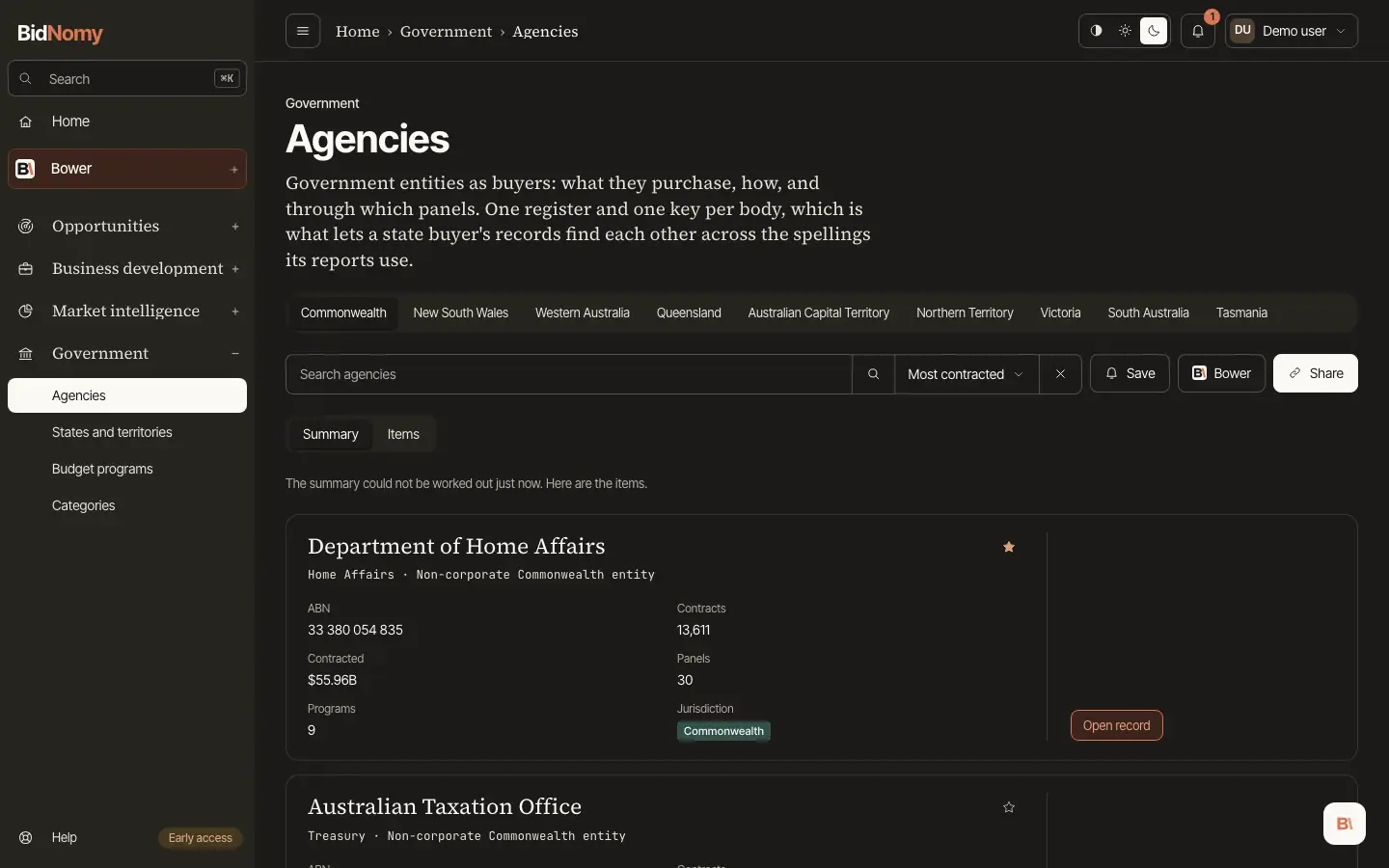 The Agencies page in the app.