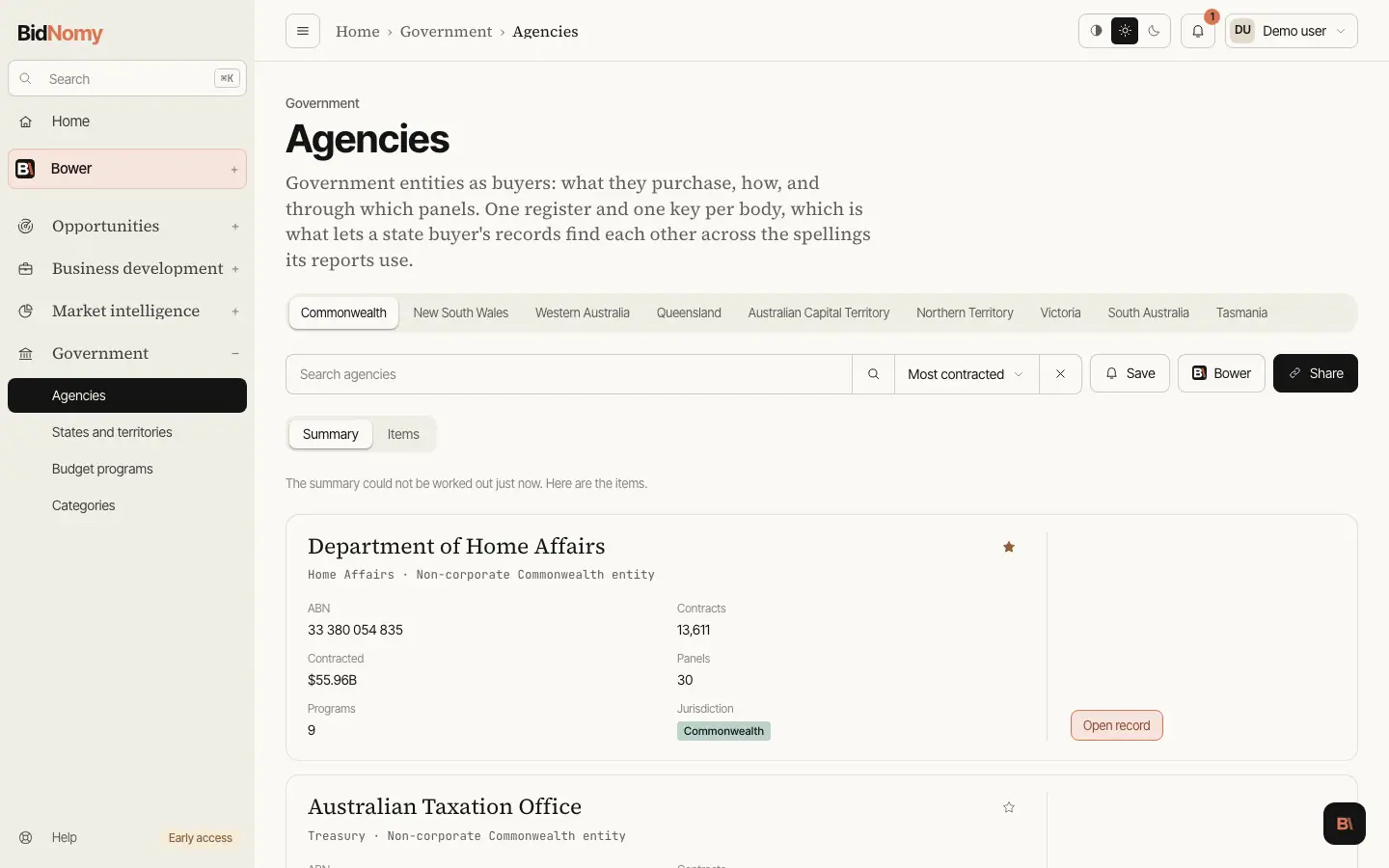The Agencies page in the app.