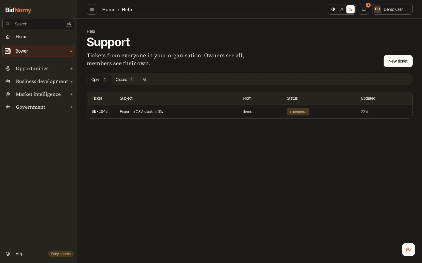 The Support page in the app.