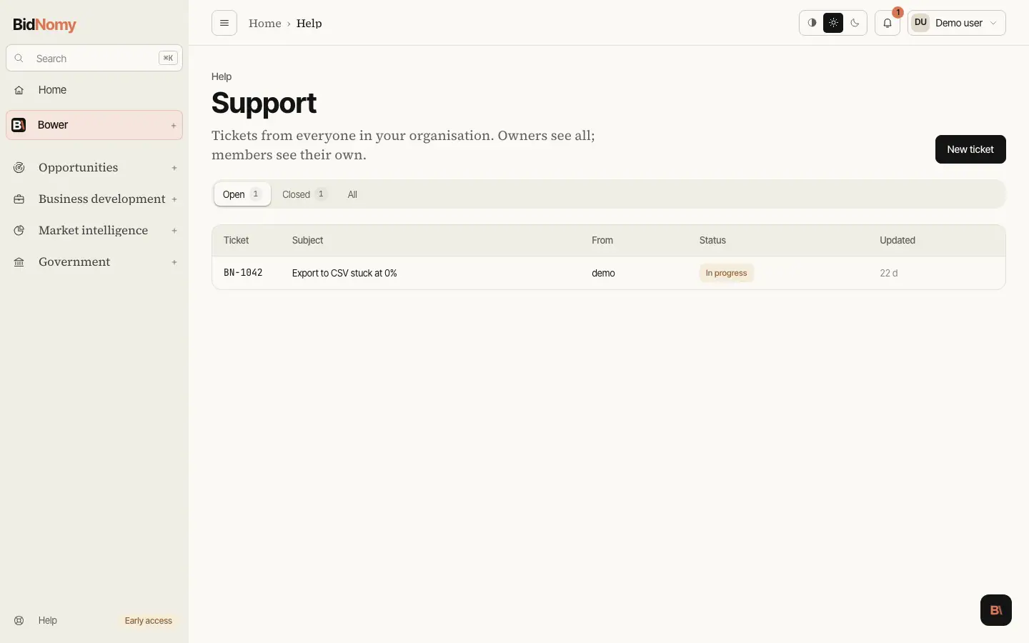 The Support page in the app.