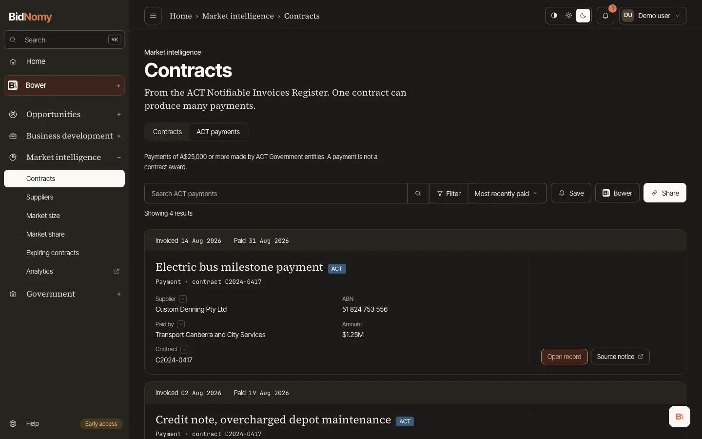 The ACT payments page in the app.