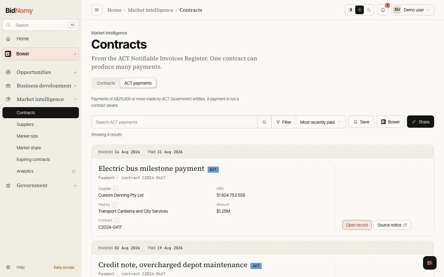 The ACT payments page in the app.