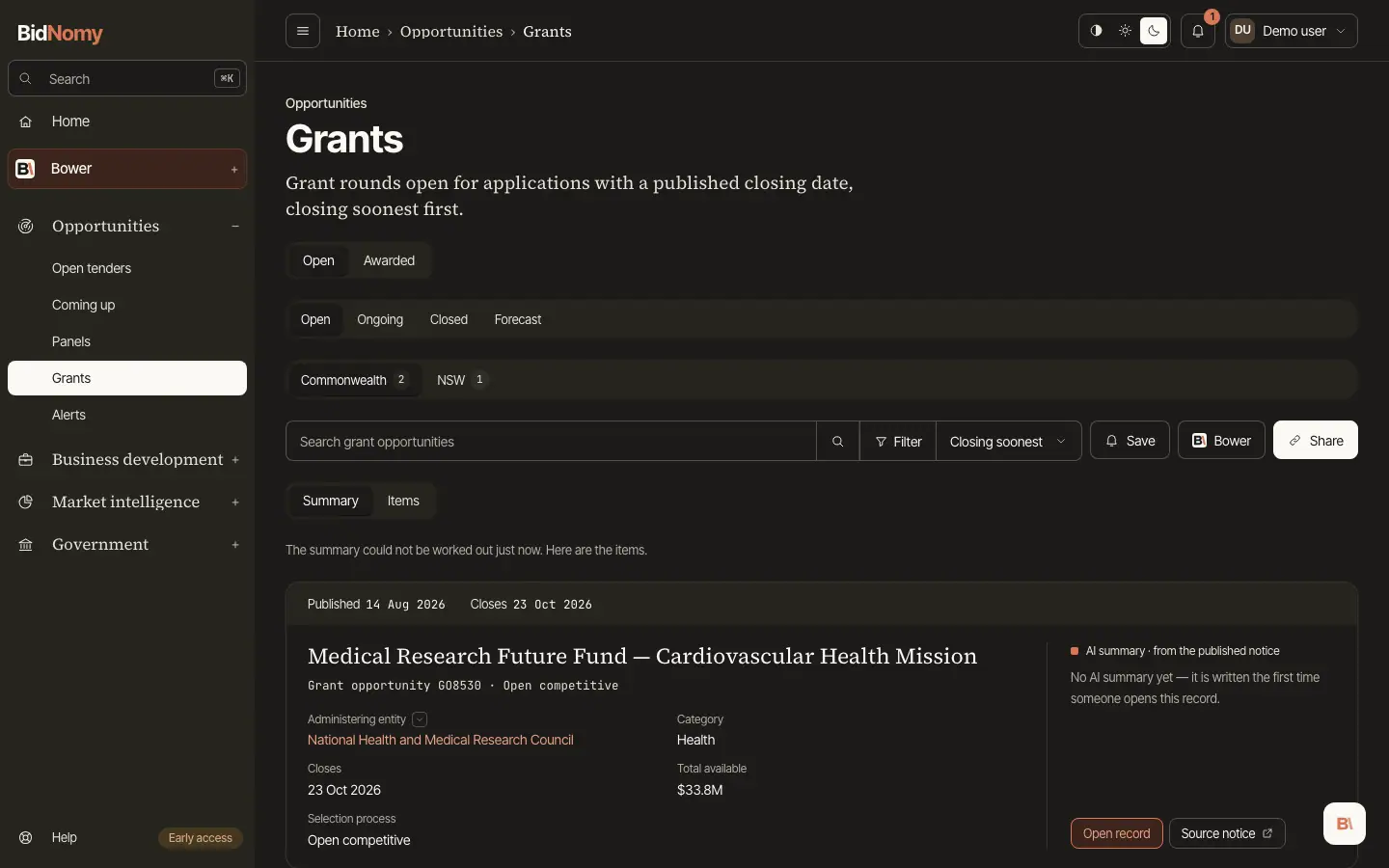The Grants page in the app.