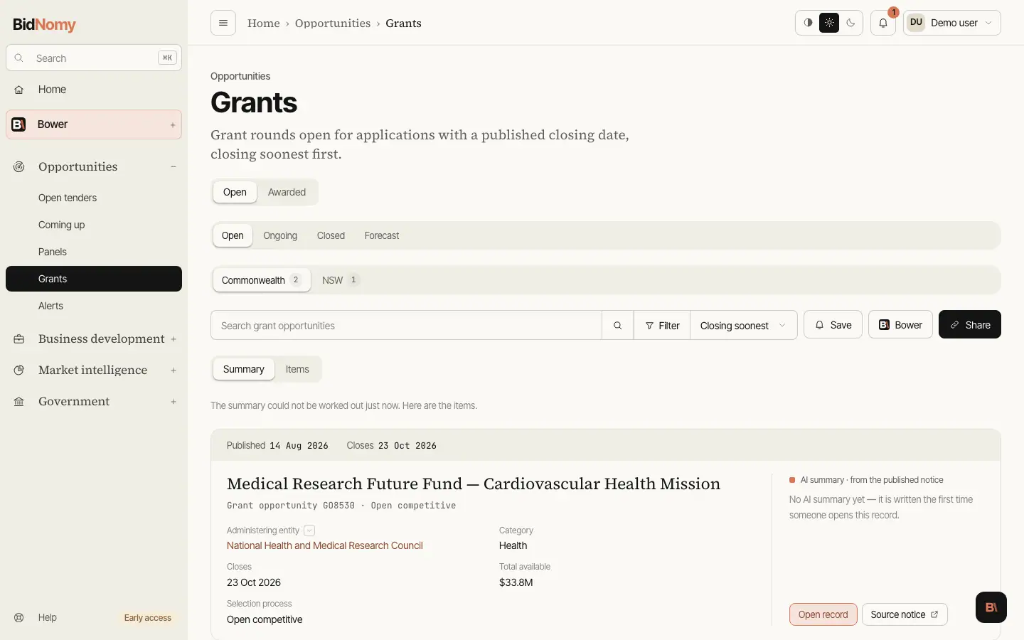 The Grants page in the app.