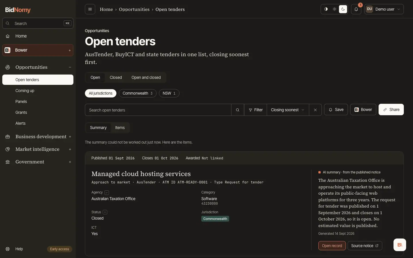 The Open tenders page in the app.