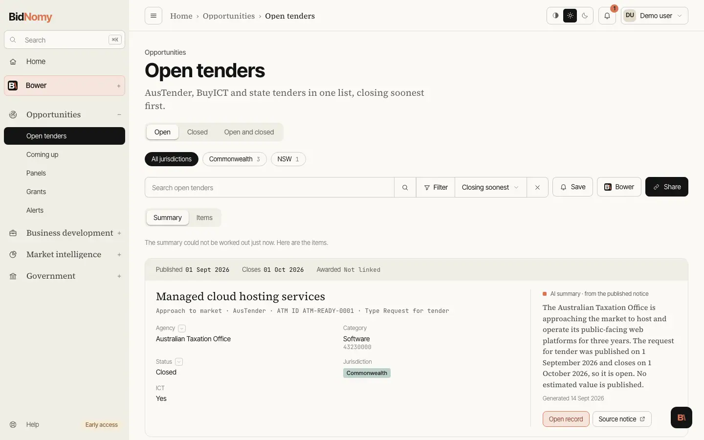 The Open tenders page in the app.