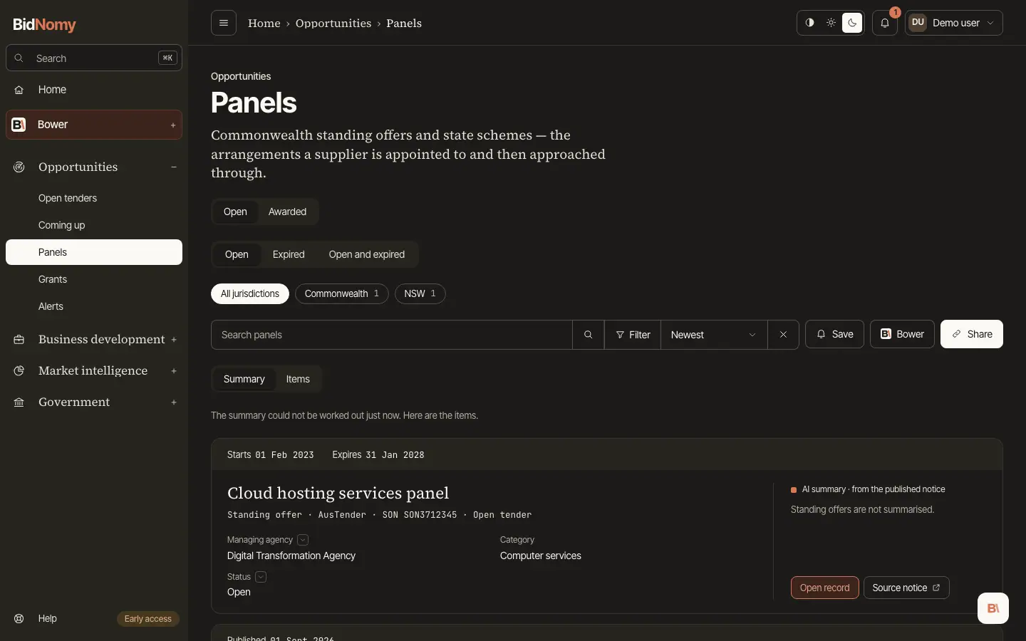 The Panels page in the app.