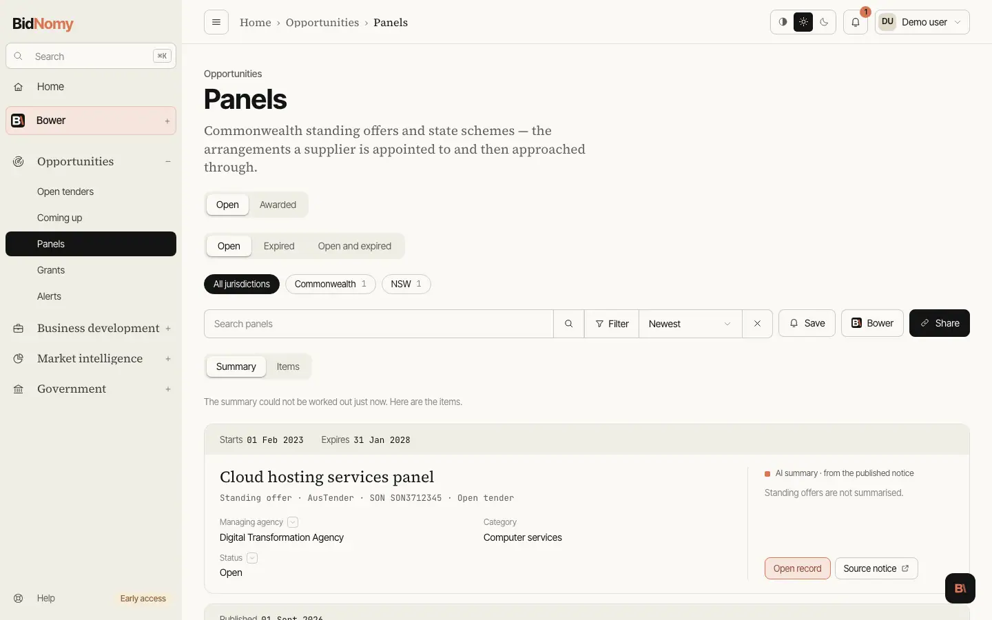 The Panels page in the app.